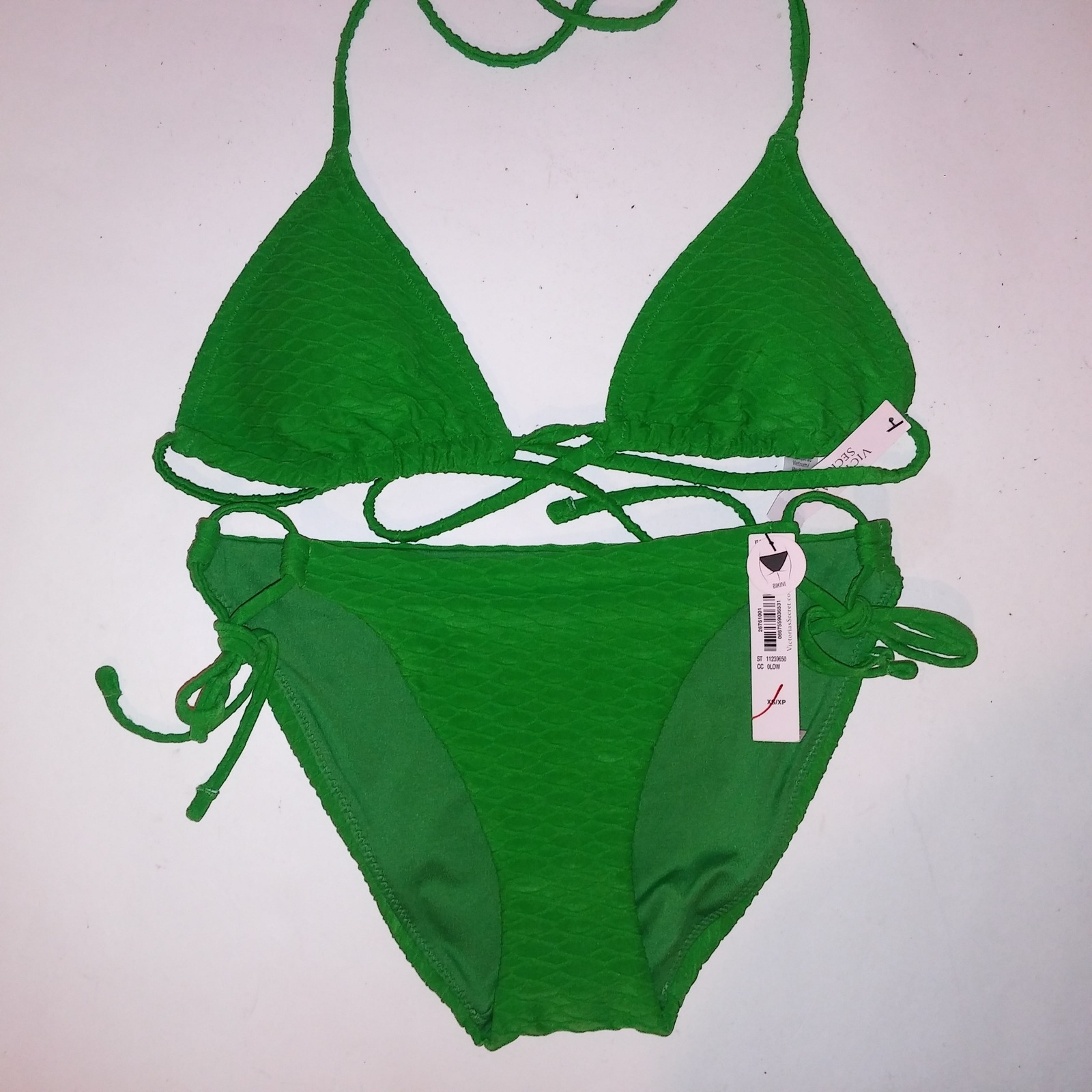 Victoria Secret Swim Bikini Xs Top & Bottom Green Textured Solid String Triangle